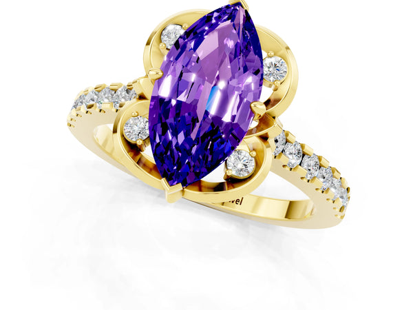 Yellow gold Marquise Cut Tanzanite Ring with Pavé Band and Floral Prong Setting