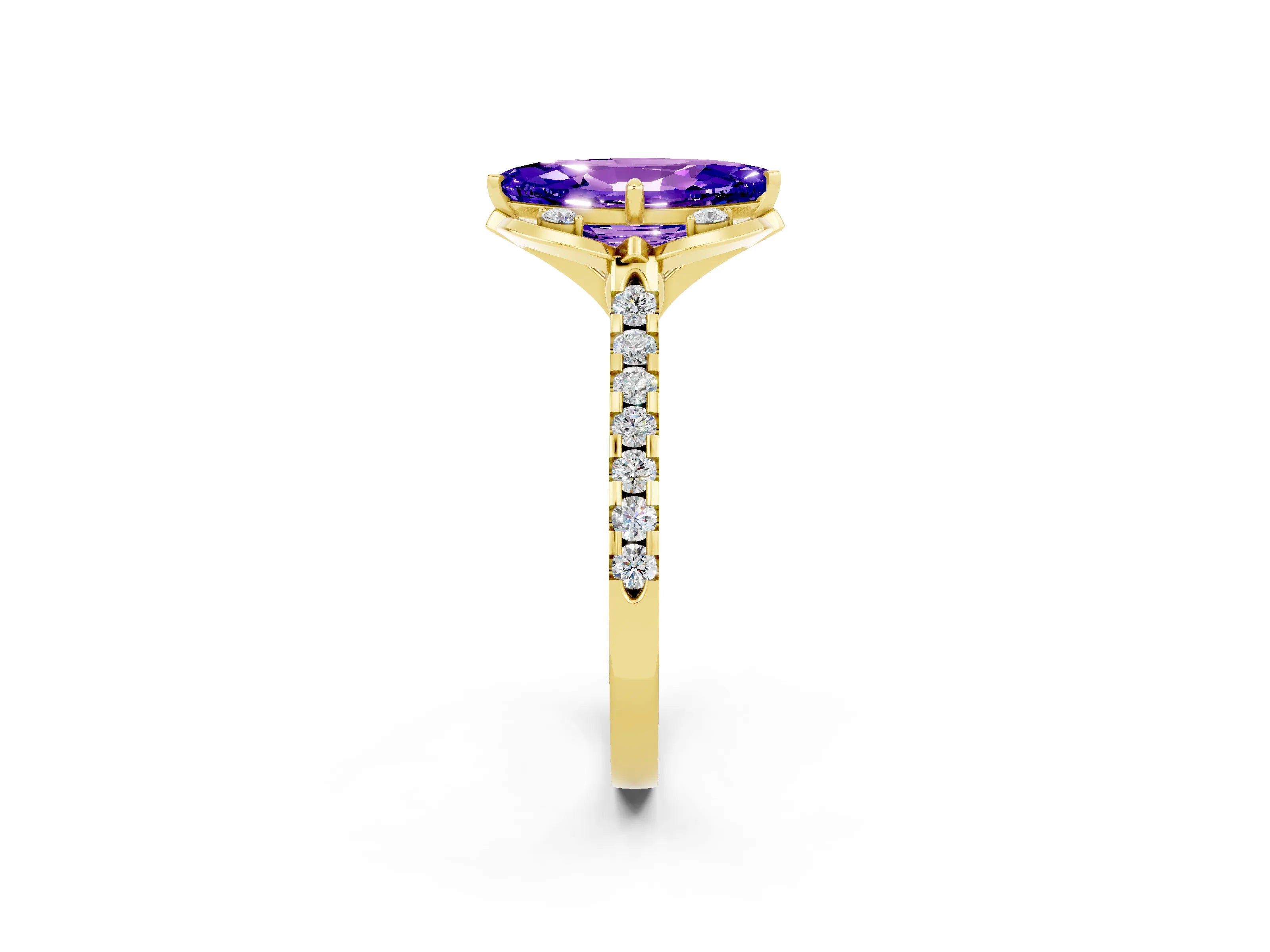 Yellow gold Marquise Cut Tanzanite Ring with Pavé Band and Floral Prong Setting_2
