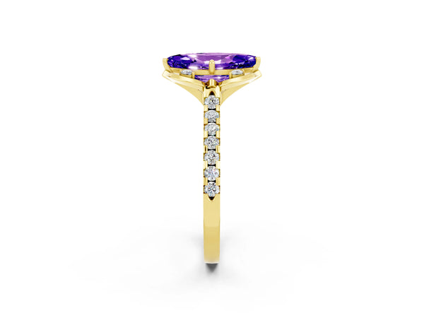 Yellow gold Marquise Cut Tanzanite Ring with Pavé Band and Floral Prong Setting
