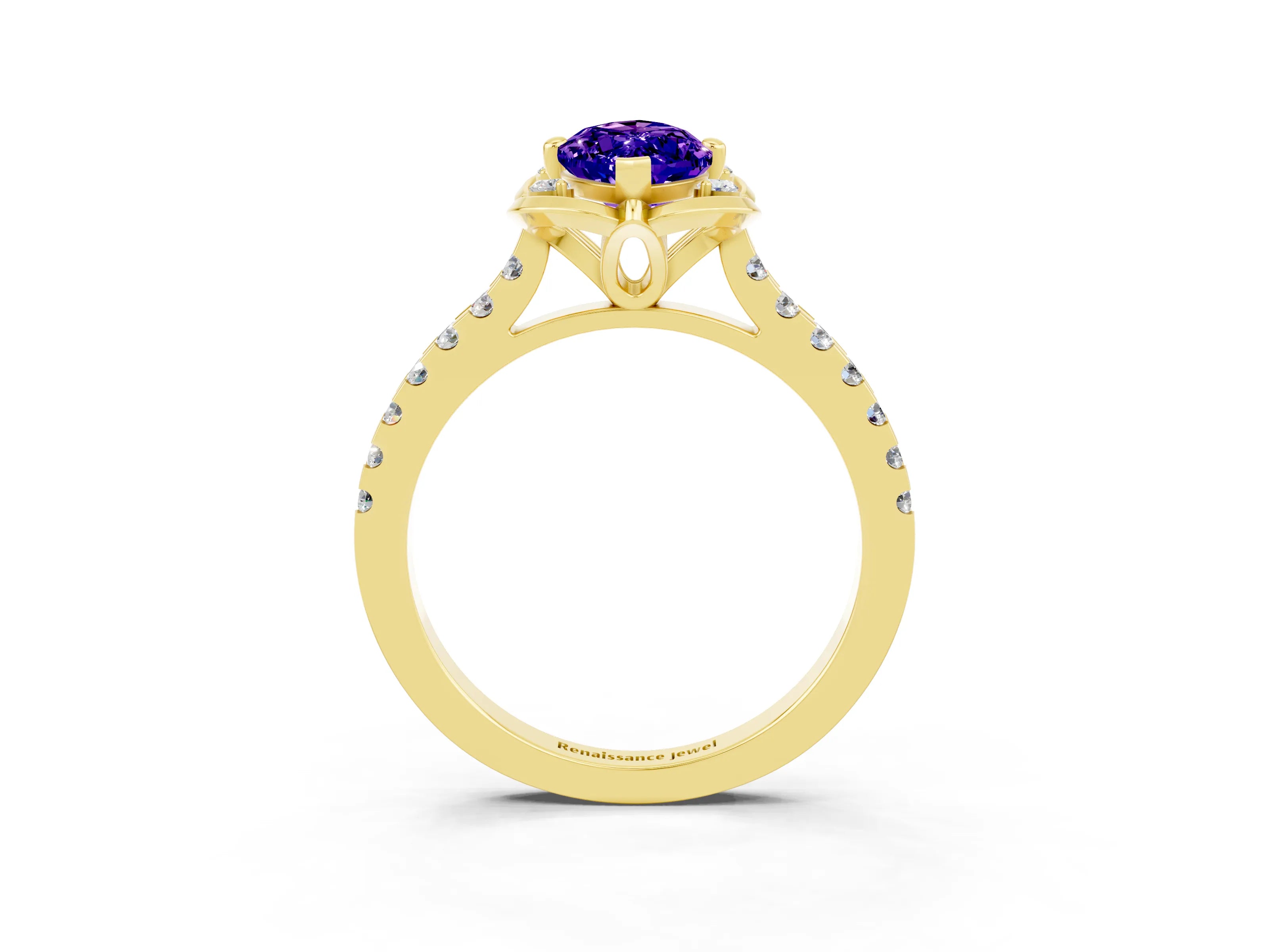 Yellow gold Marquise Cut Tanzanite Ring with Pavé Band and Floral Prong Setting_3