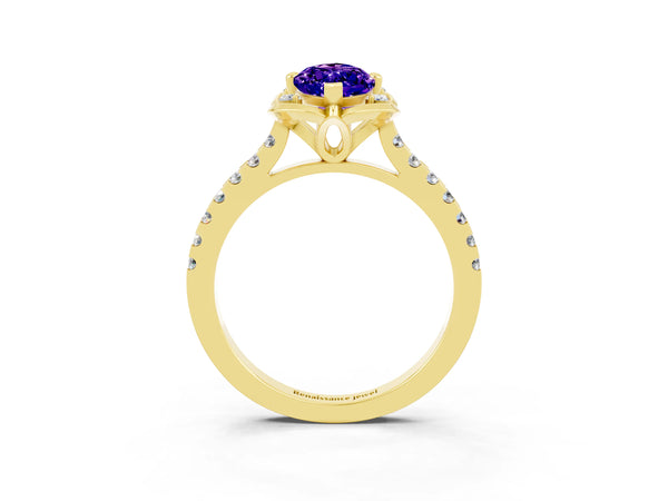 Yellow gold Marquise Cut Tanzanite Ring with Pavé Band and Floral Prong Setting