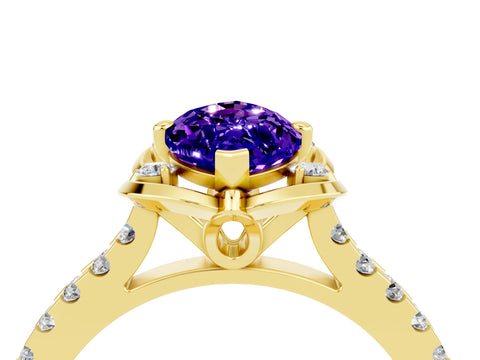 Yellow gold Marquise Cut Tanzanite Ring with Pavé Band and Floral Prong Setting_4