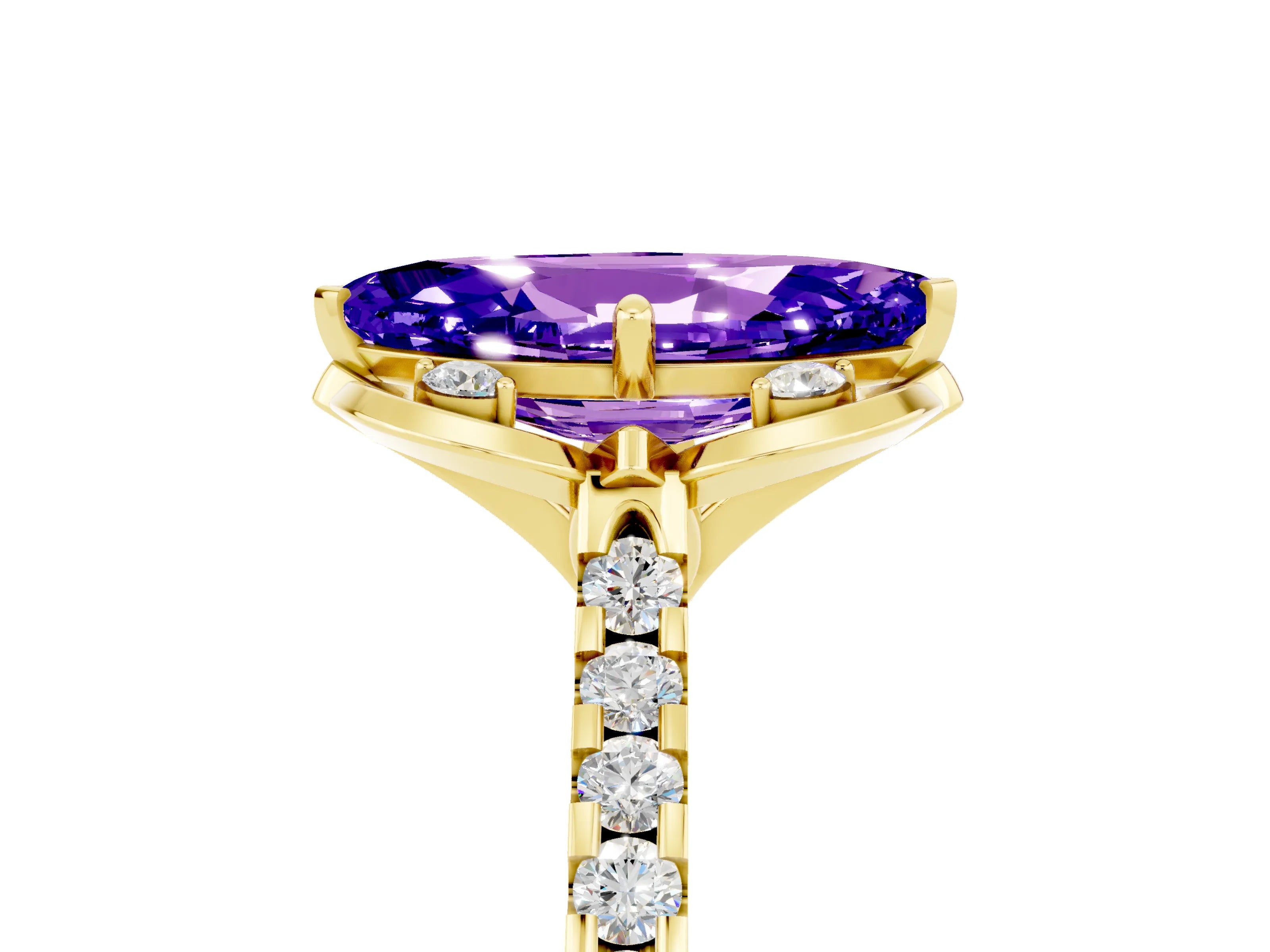 Yellow gold Marquise Cut Tanzanite Ring with Pavé Band and Floral Prong Setting_5