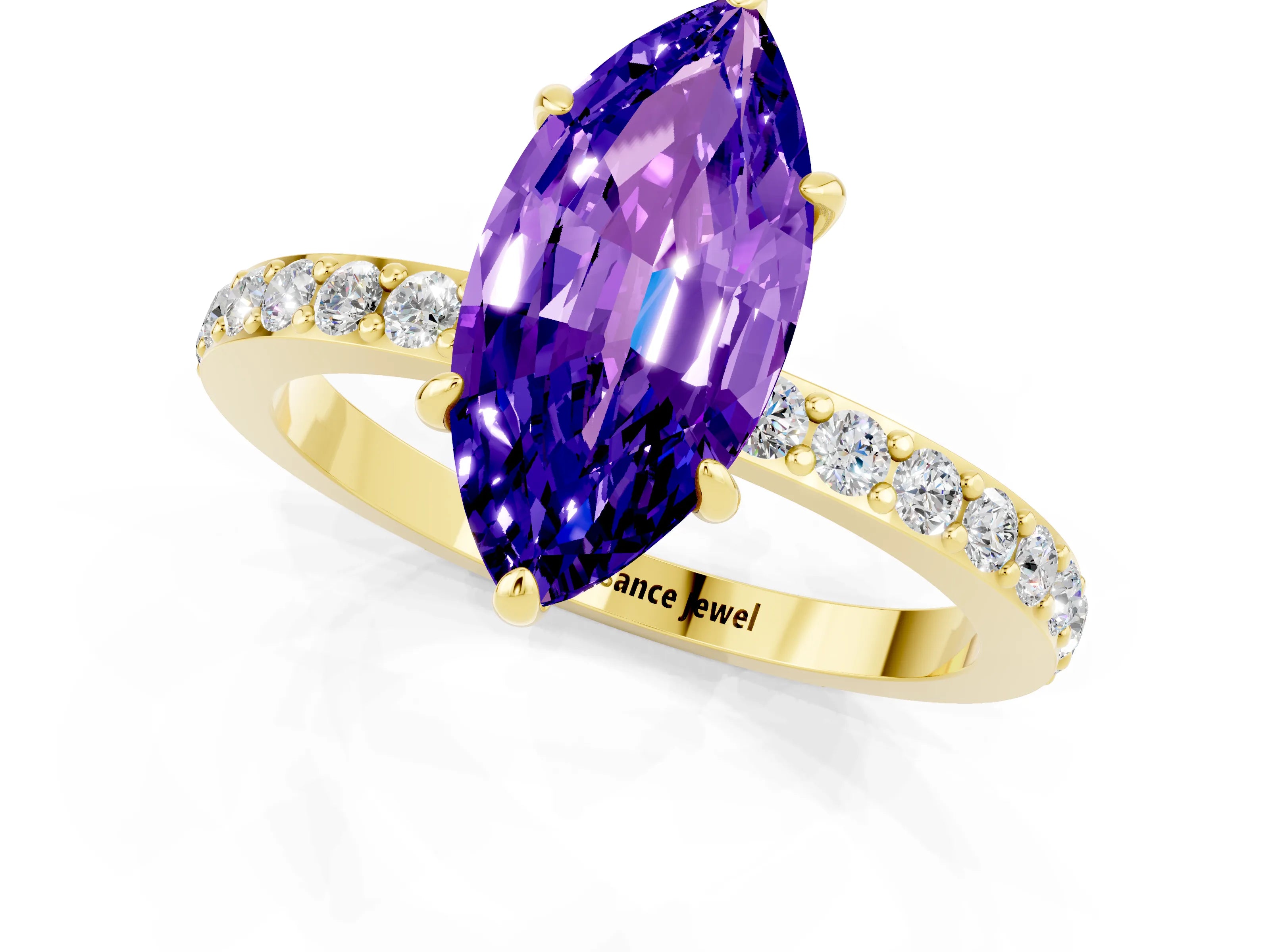 Yellow gold Marquise Cut Tanzanite Ring with Pavé Band and Four-Prong Setting_1