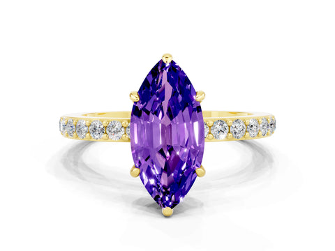 Yellow gold Marquise Cut Tanzanite Ring with Pavé Band and Four-Prong Setting
