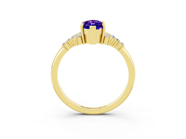 Yellow gold Marquise Cut Tanzanite Ring with Side Stones and Four-Prong Setting