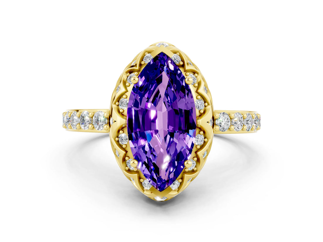 Yellow gold Marquise Cut Tanzanite Scalloped Halo Engagement Ring with Round Shared Prong Band_12