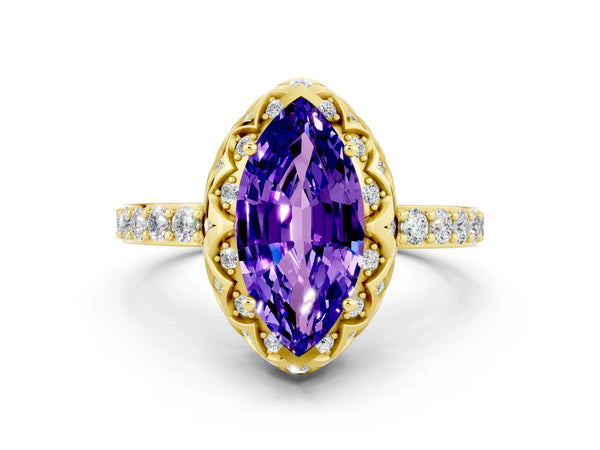 Yellow gold Marquise Cut Tanzanite Scalloped Halo Engagement Ring with Round Shared Prong Band
