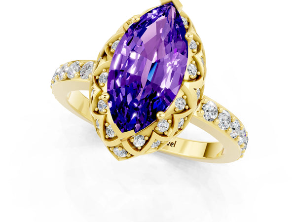 Yellow gold Marquise Cut Tanzanite Scalloped Halo Engagement Ring with Round Shared Prong Band