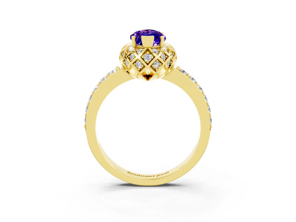 Yellow gold Marquise Cut Tanzanite Scalloped Halo Engagement Ring with Round Shared Prong Band