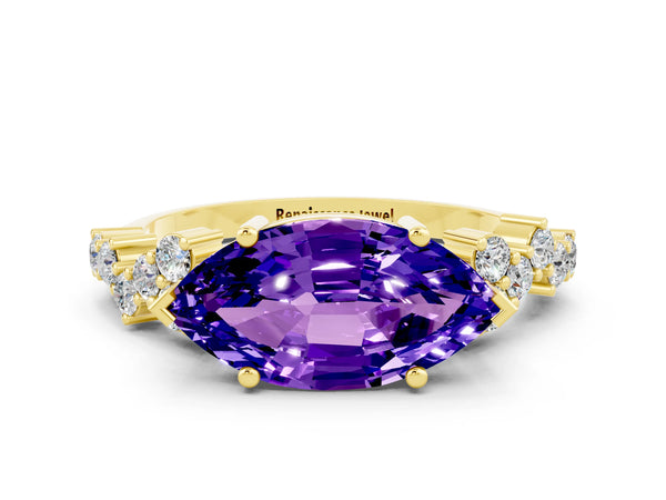 Yellow gold Marquise Cut Tanzanite Scattered Round Accent Ring with Prong Setting