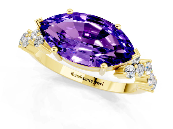 Yellow gold Marquise Cut Tanzanite Scattered Round Accent Ring with Prong Setting