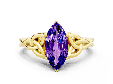Yellow gold Marquise Cut Tanzanite Solitaire Celtic Knot Ring with Four-Prong Setting_12