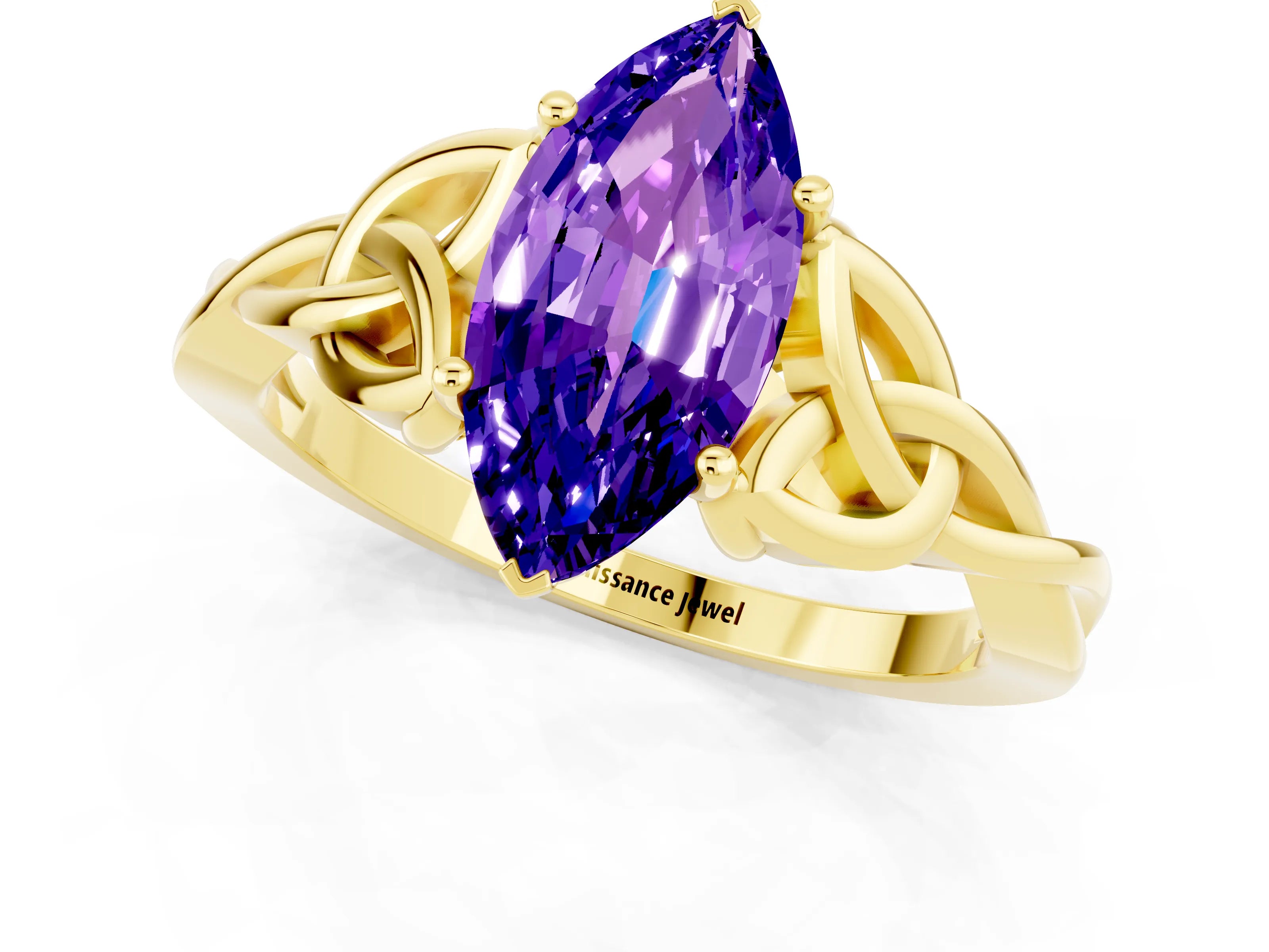 Yellow gold Marquise Cut Tanzanite Solitaire Celtic Knot Ring with Four-Prong Setting_13