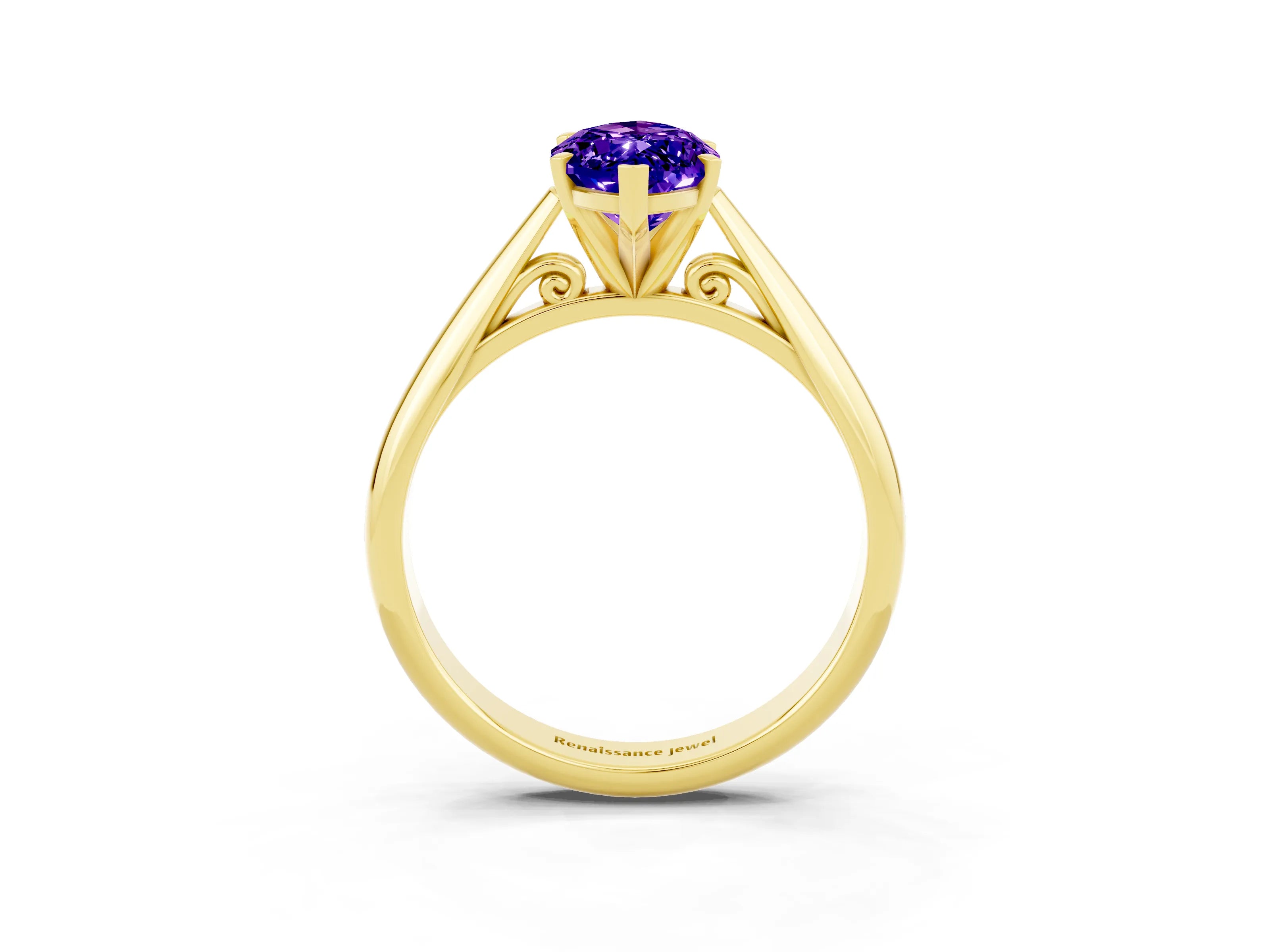 Yellow gold Marquise Cut Tanzanite Solitaire Engagement Ring with Cathedral Setting and Four-Prong Mount_15