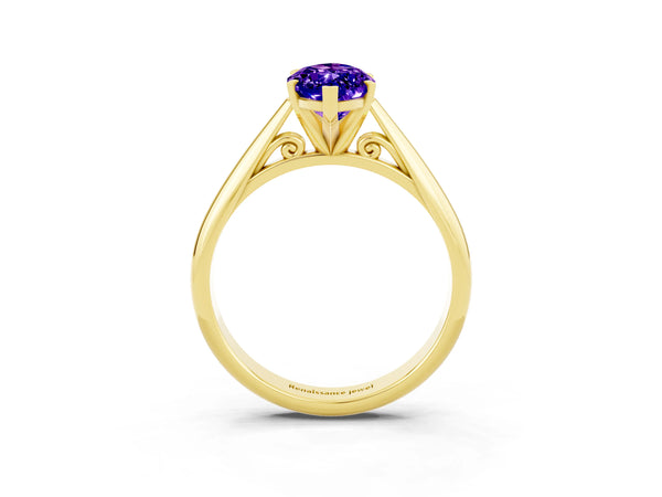 Yellow gold Marquise Cut Tanzanite Solitaire Engagement Ring with Cathedral Setting and Four-Prong Mount
