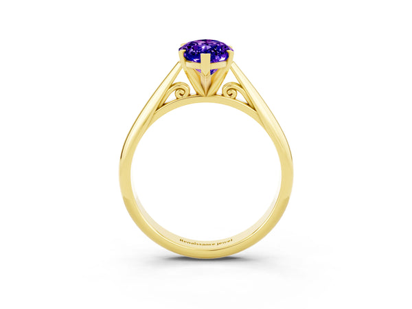 Yellow gold Marquise Cut Tanzanite Solitaire Engagement Ring with Cathedral Setting and Four-Prong Mount