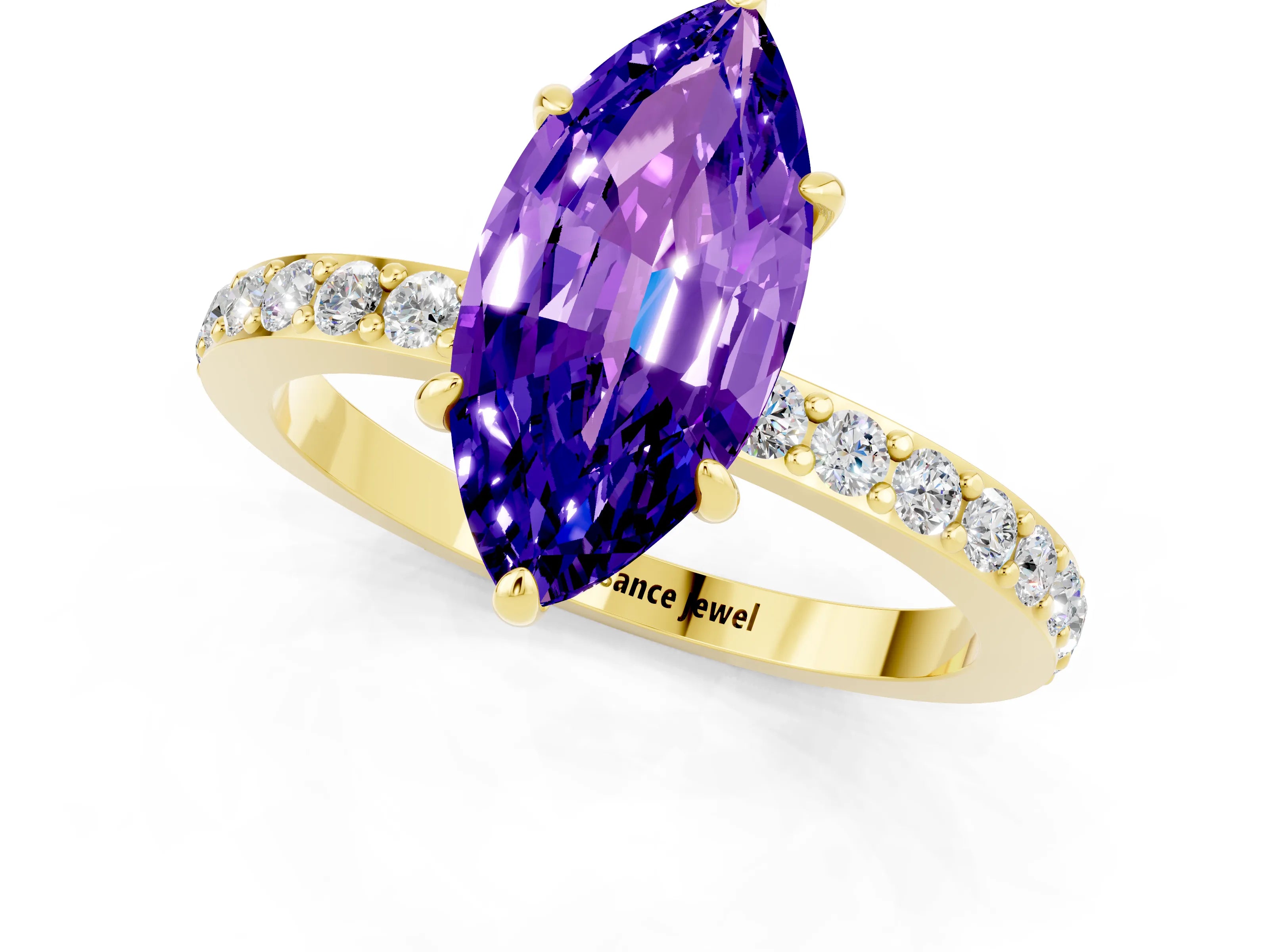 Yellow gold Marquise Cut Tanzanite Solitaire Engagement Ring with Pavé Band and Four-Prong Setting_1