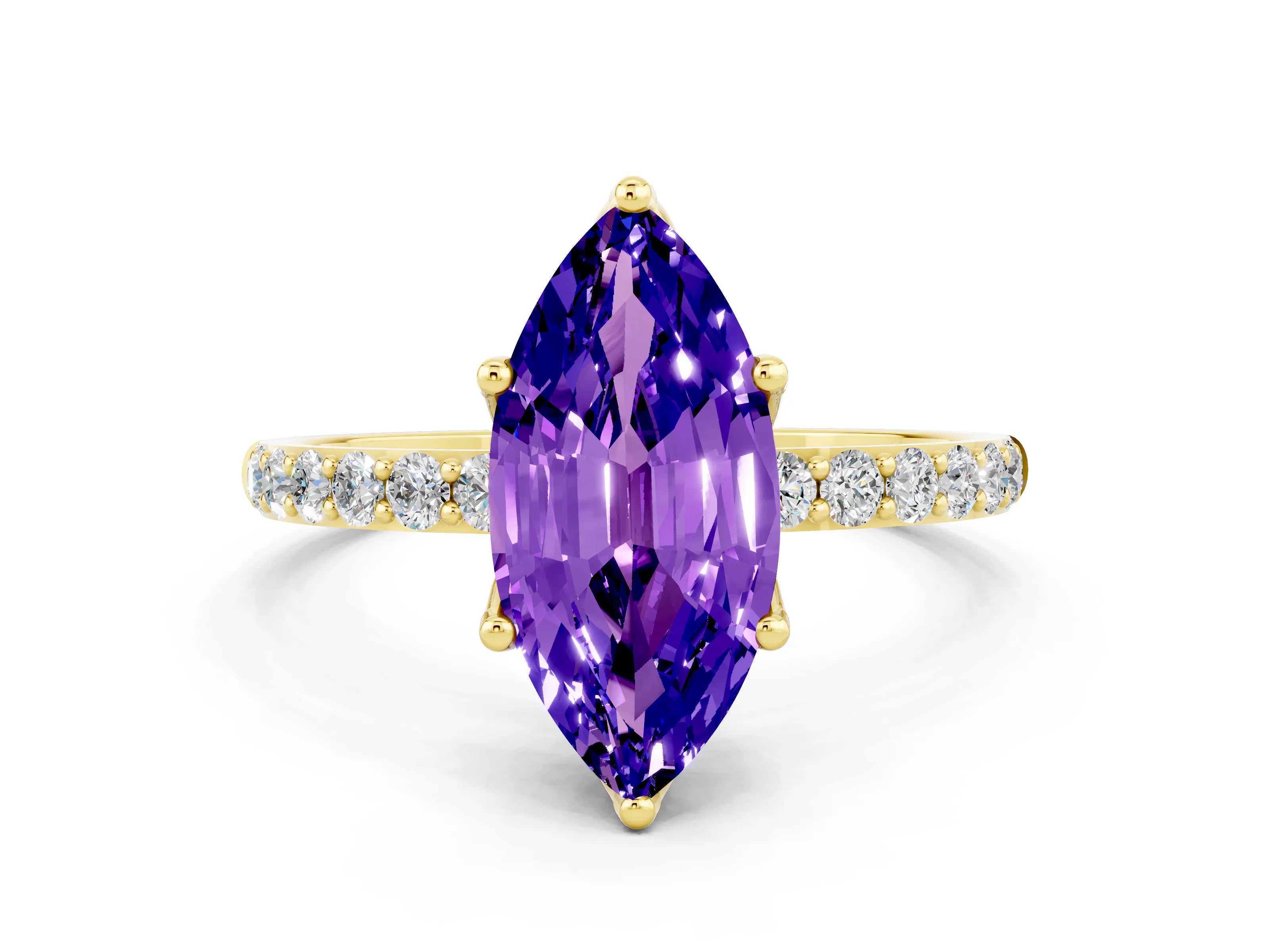 Yellow gold Marquise Cut Tanzanite Solitaire Engagement Ring with Pavé Band and Prong Setting