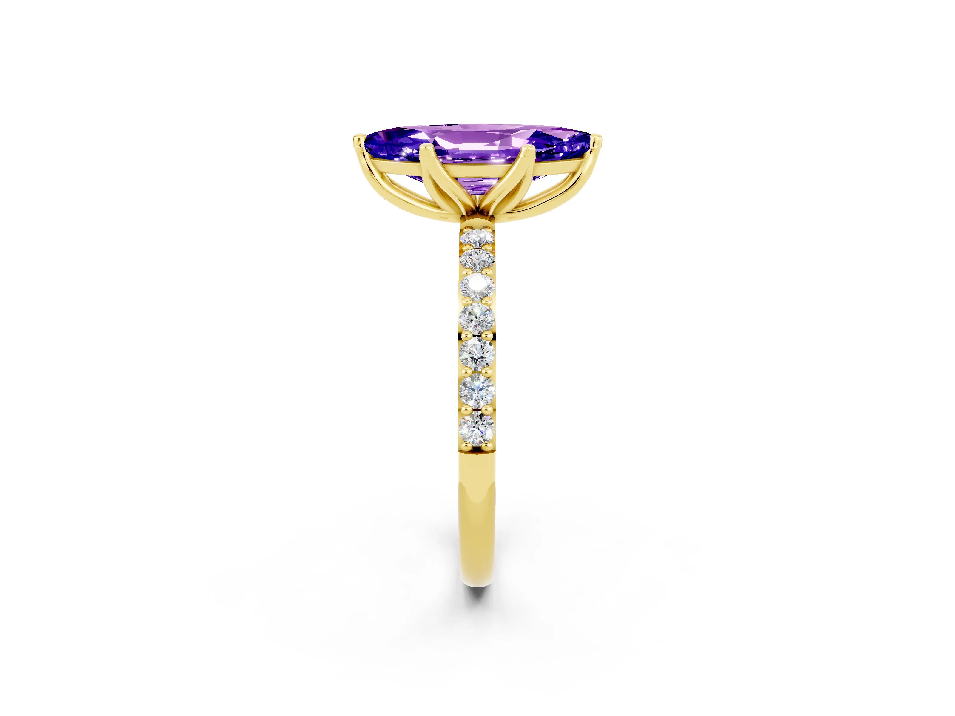 Yellow gold Marquise Cut Tanzanite Solitaire Engagement Ring with Pavé Band and Prong Setting_2