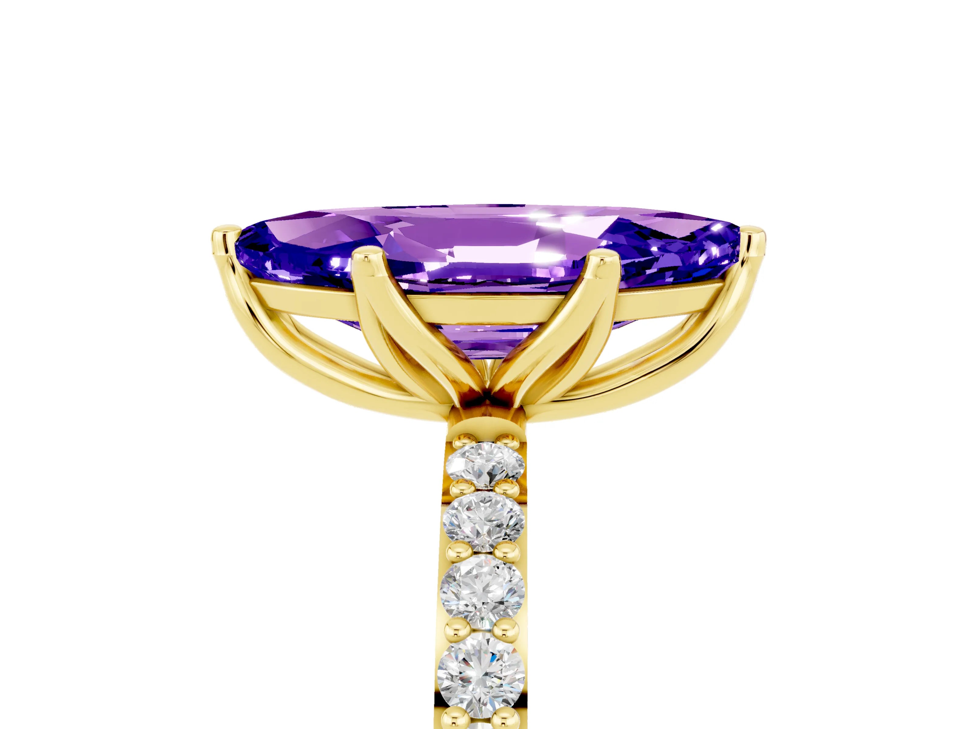 Yellow gold Marquise Cut Tanzanite Solitaire Engagement Ring with Pavé Band and Prong Setting_5