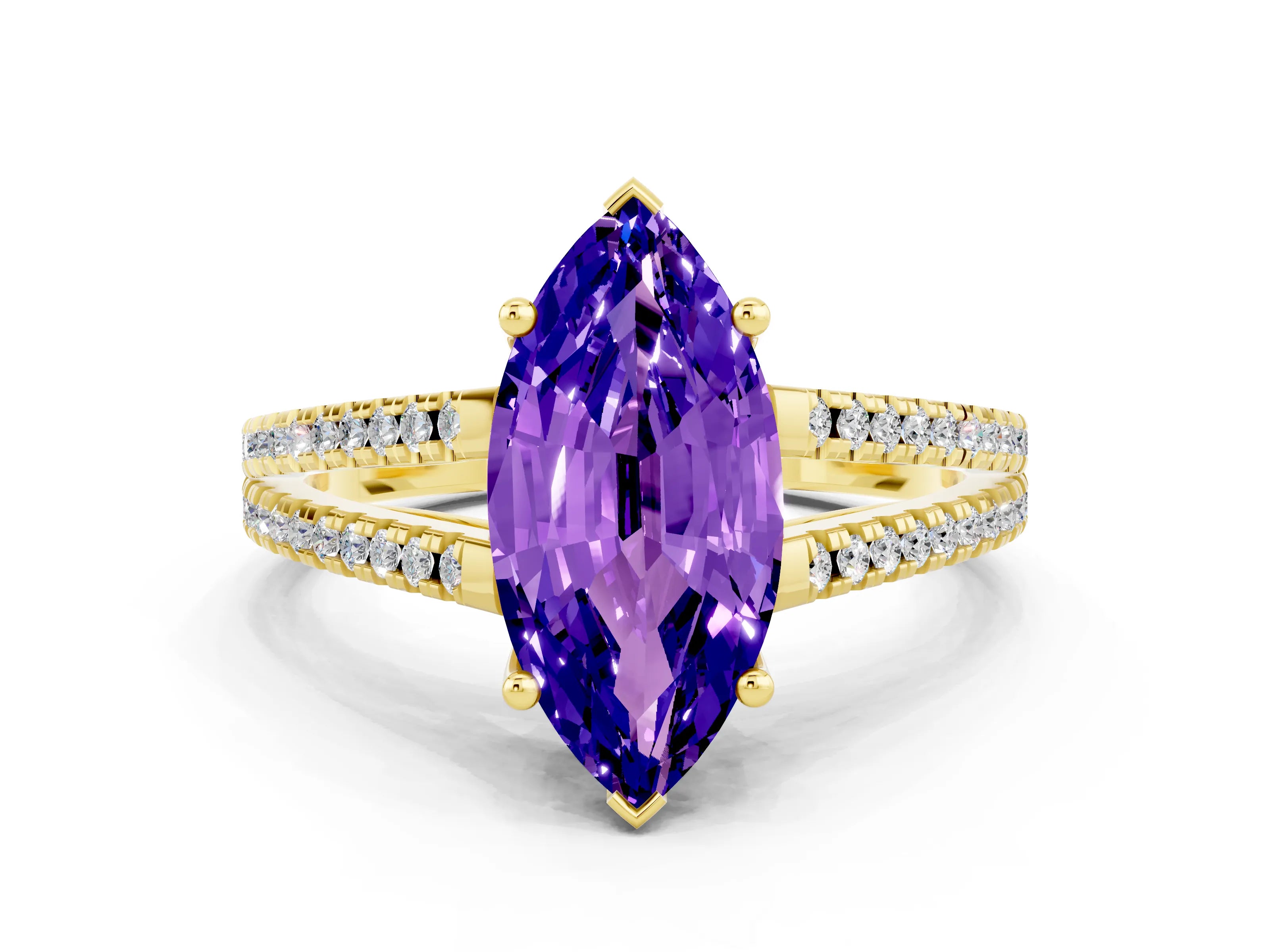 Yellow gold Marquise Cut Tanzanite Solitaire Engagement Ring with Split Shank Pavé Band
