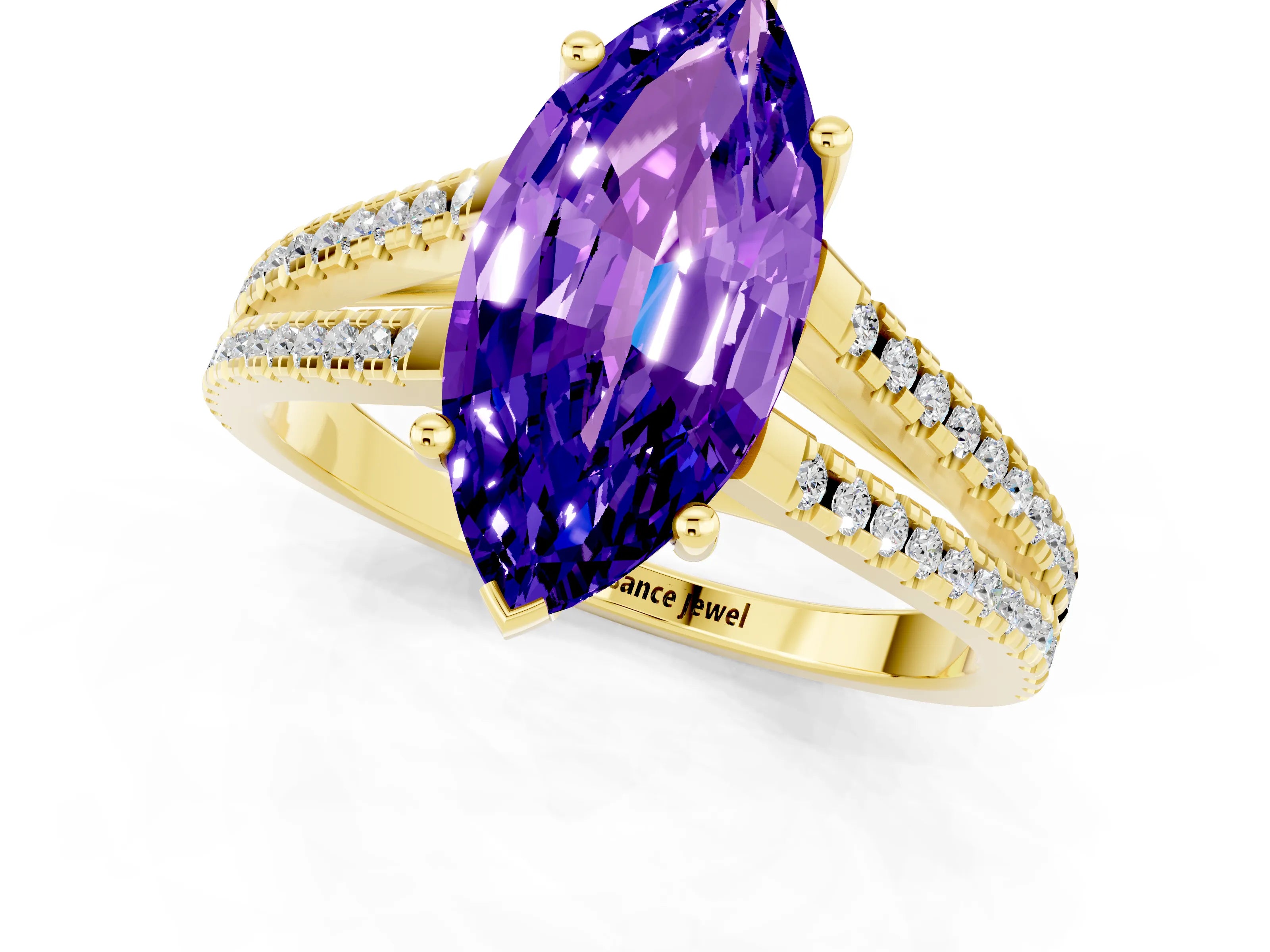 Yellow gold Marquise Cut Tanzanite Solitaire Engagement Ring with Split Shank Pavé Band_1