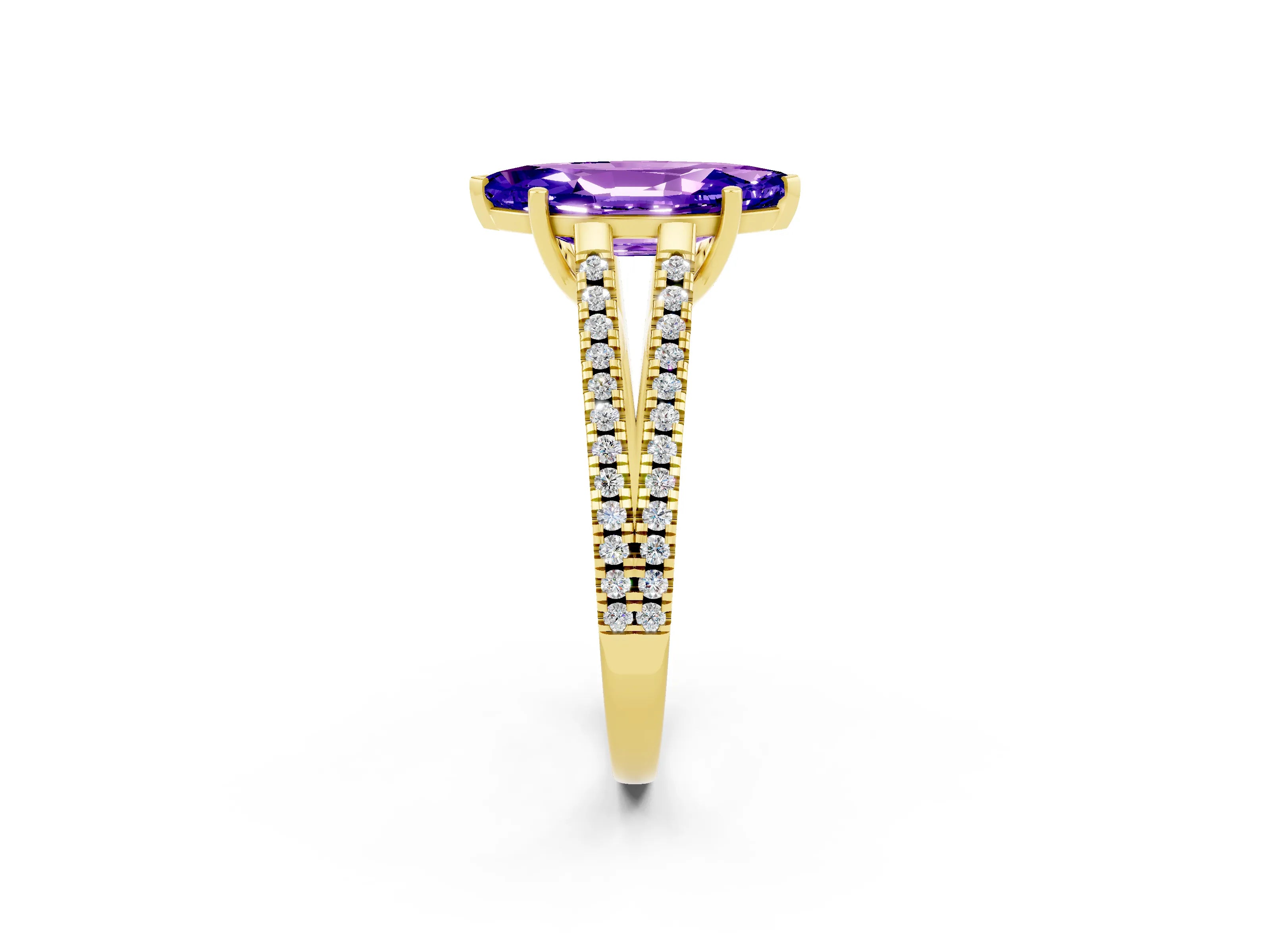 Yellow gold Marquise Cut Tanzanite Solitaire Engagement Ring with Split Shank Pavé Band_2
