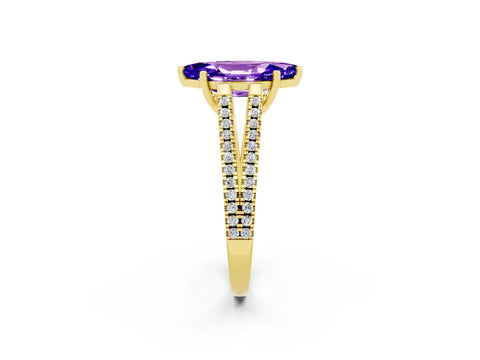 Yellow gold Marquise Cut Tanzanite Solitaire Engagement Ring with Split Shank Pavé Band_2