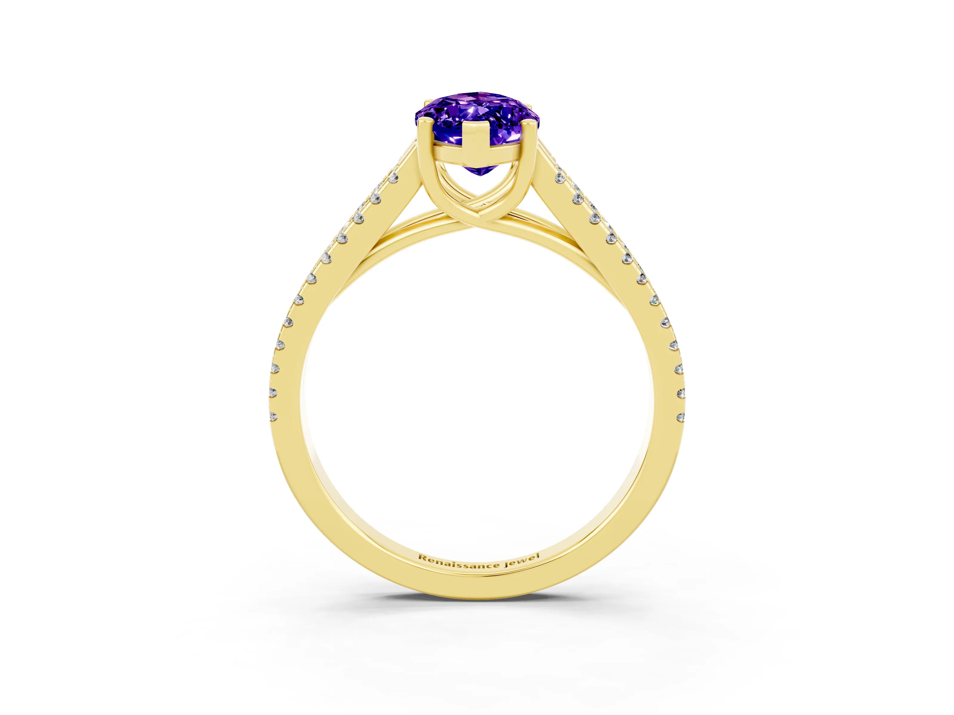 Yellow gold Marquise Cut Tanzanite Solitaire Engagement Ring with Split Shank Pavé Band_3