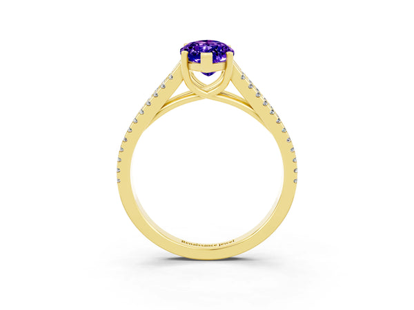 Yellow gold Marquise Cut Tanzanite Solitaire Engagement Ring with Split Shank Pavé Band