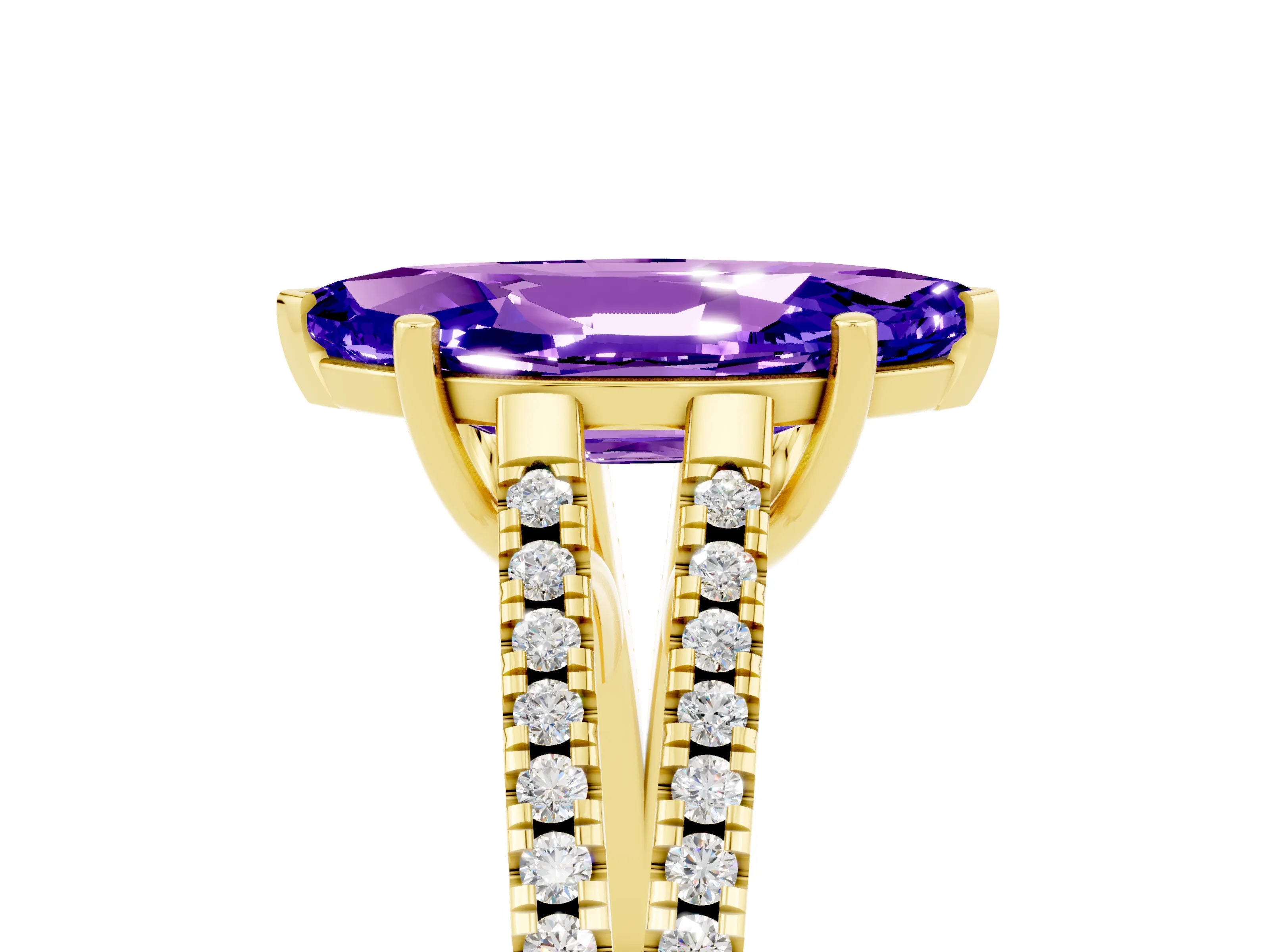 Yellow gold Marquise Cut Tanzanite Solitaire Engagement Ring with Split Shank Pavé Band_5