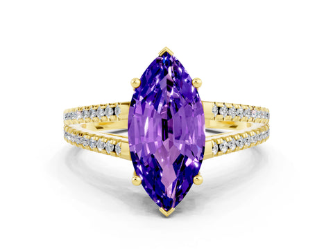 Yellow gold Marquise Cut Tanzanite Solitaire Engagement Ring with Split Shank Pavé Band