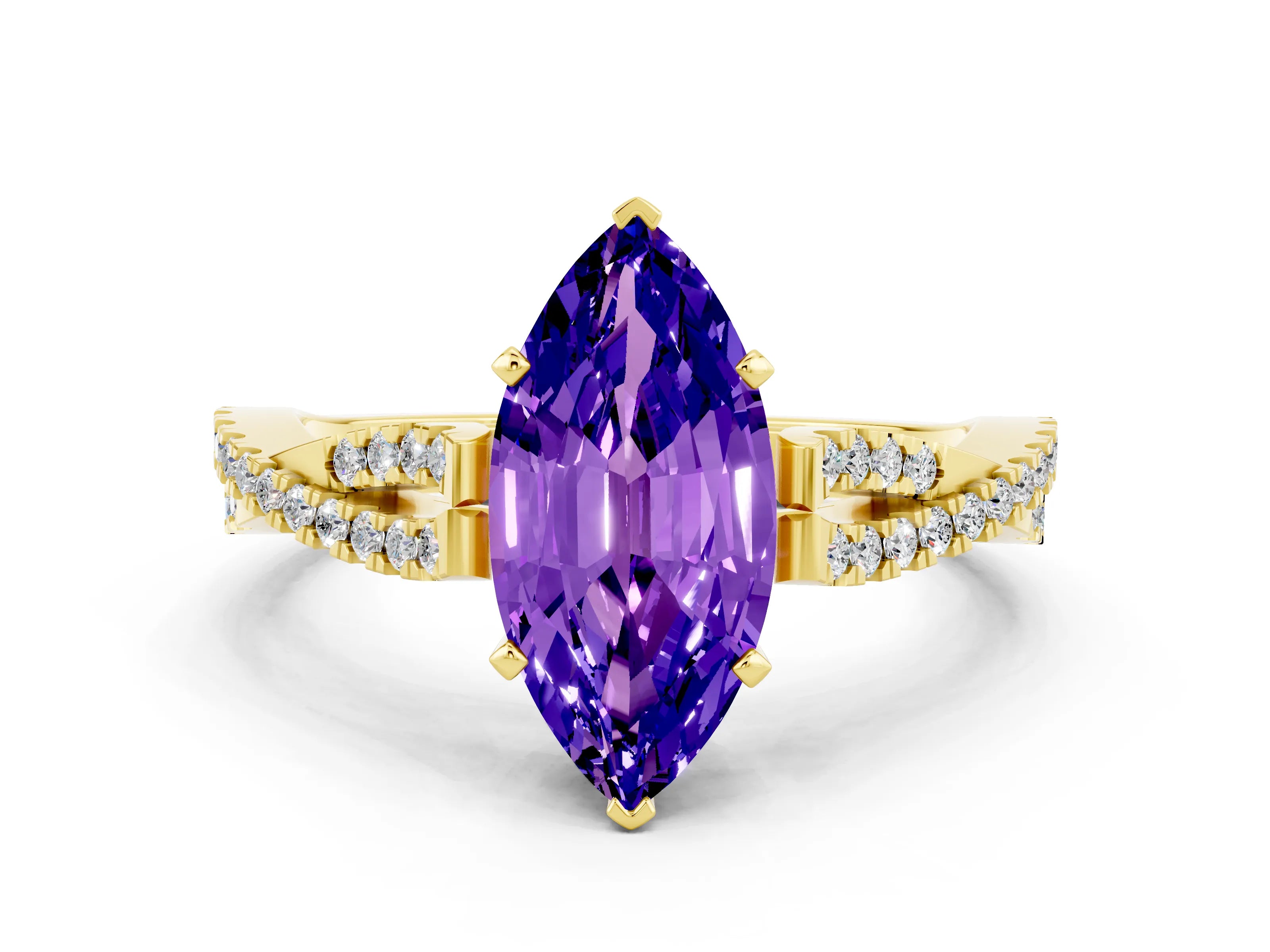 Yellow gold Marquise Cut Tanzanite Solitaire Engagement Ring with Twisted Pavé Band and Four-Prong Setting