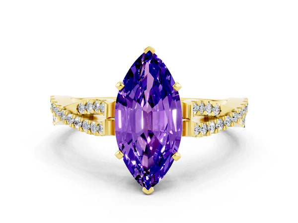 Yellow gold Marquise Cut Tanzanite Solitaire Engagement Ring with Twisted Pavé Band and Four-Prong Setting