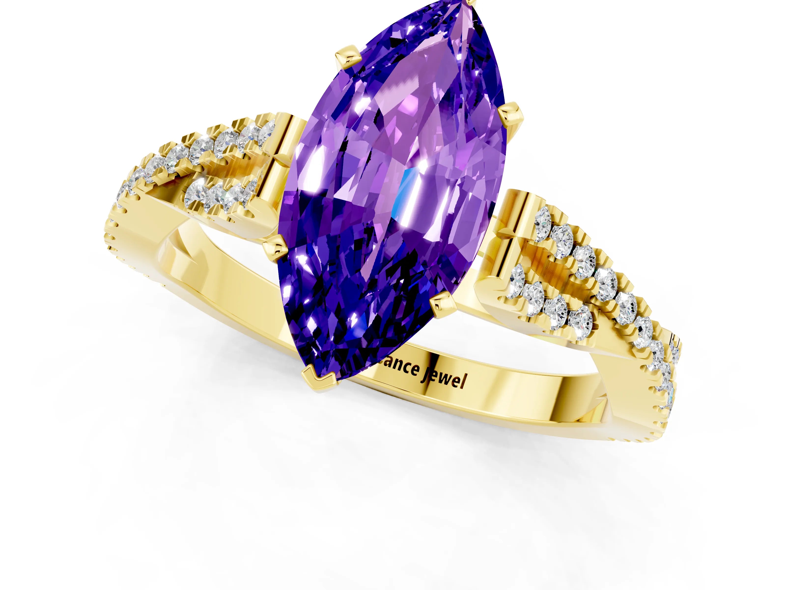 Yellow gold Marquise Cut Tanzanite Solitaire Engagement Ring with Twisted Pavé Band and Four-Prong Setting_1