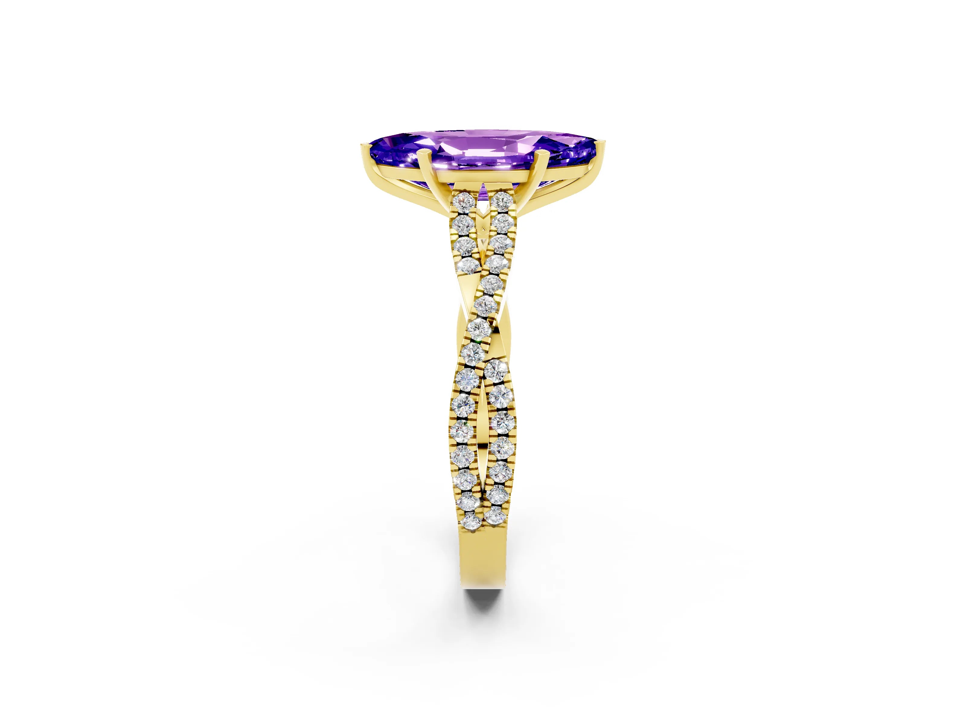 Yellow gold Marquise Cut Tanzanite Solitaire Engagement Ring with Twisted Pavé Band and Four-Prong Setting_2