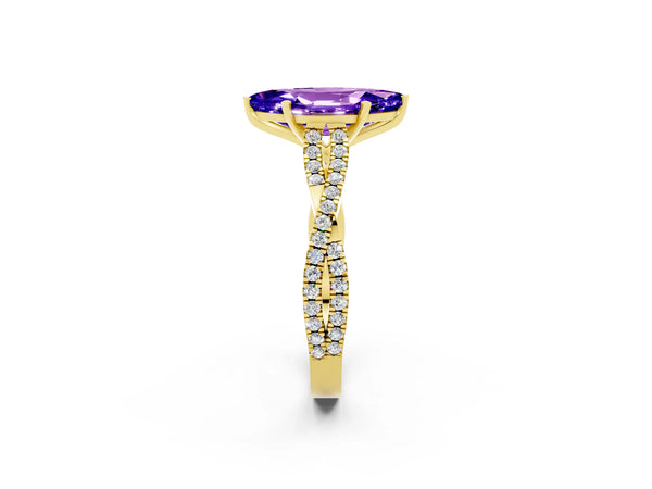 Yellow gold Marquise Cut Tanzanite Solitaire Engagement Ring with Twisted Pavé Band and Four-Prong Setting