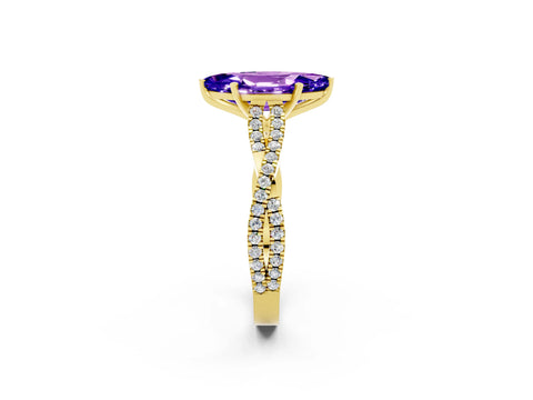 Yellow gold Marquise Cut Tanzanite Solitaire Engagement Ring with Twisted Pavé Band and Four-Prong Setting_2
