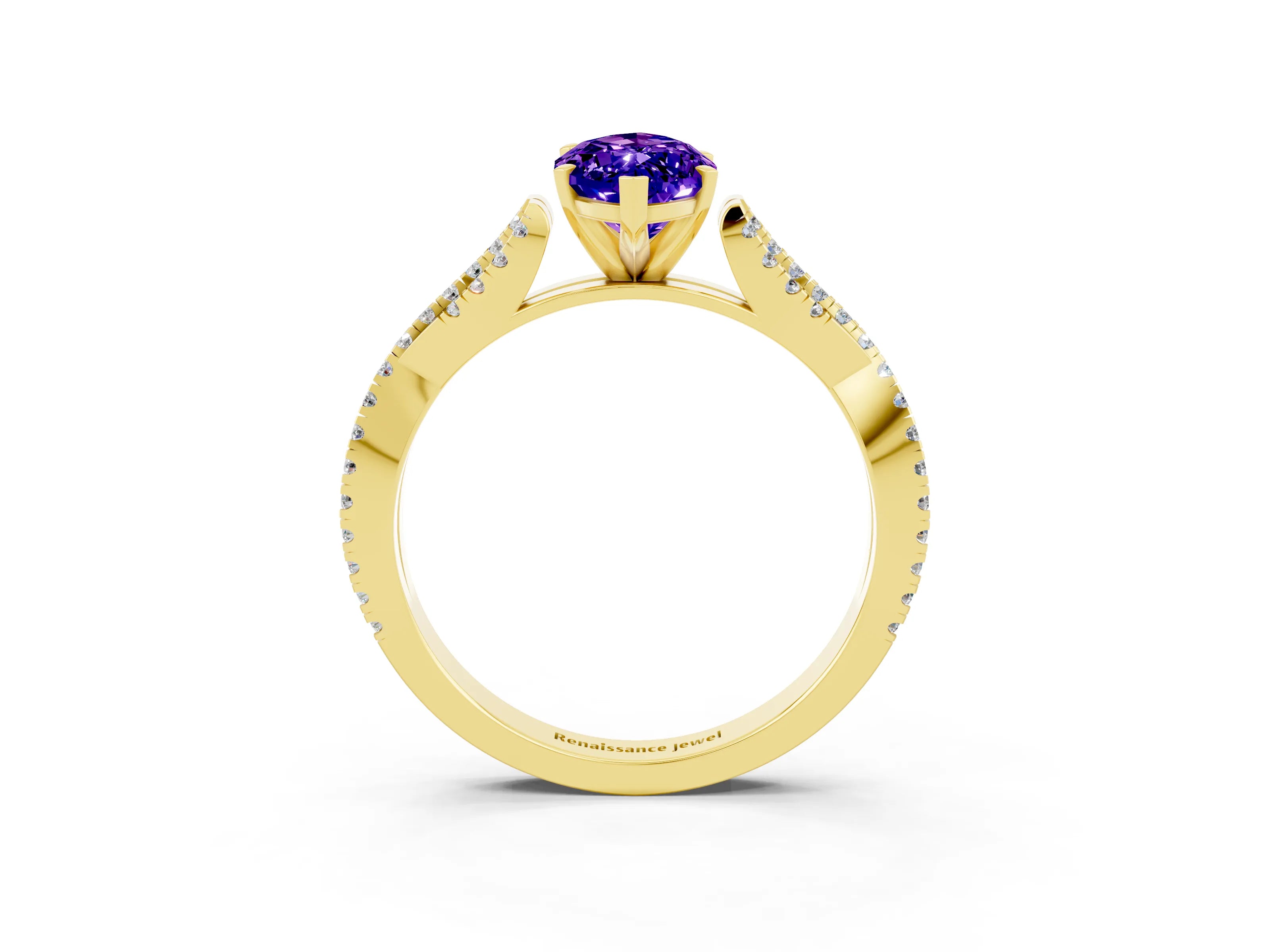 Yellow gold Marquise Cut Tanzanite Solitaire Engagement Ring with Twisted Pavé Band and Four-Prong Setting_3