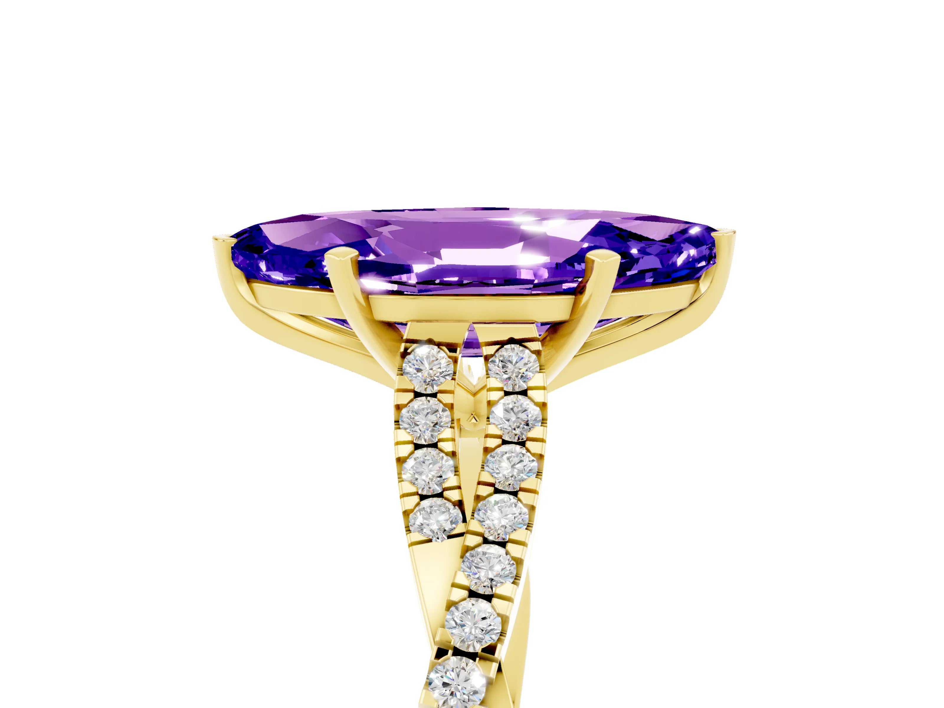 Yellow gold Marquise Cut Tanzanite Solitaire Engagement Ring with Twisted Pavé Band and Four-Prong Setting_5