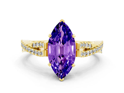 Yellow gold Marquise Cut Tanzanite Solitaire Engagement Ring with Twisted Pavé Band and Four-Prong Setting