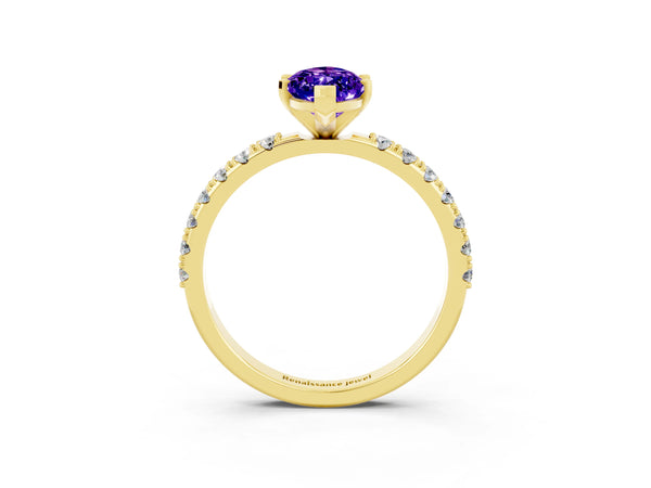 Yellow gold Marquise Cut Tanzanite Solitaire Pavé Band with Four-Prong Setting