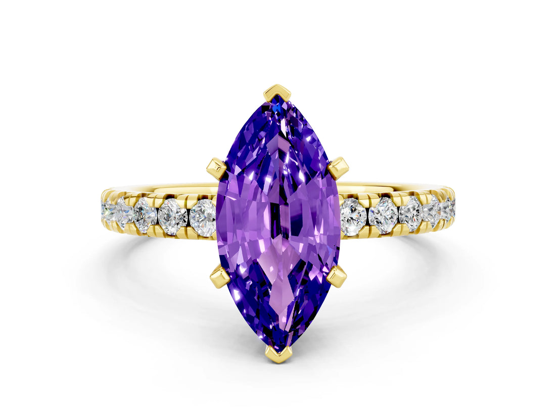 Yellow gold Marquise Cut Tanzanite Solitaire Pavé Engagement Ring with Round Band and Prong Setting_72