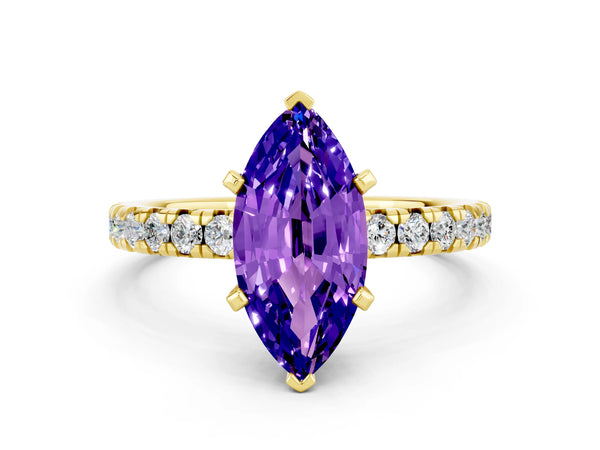 Yellow gold Marquise Cut Tanzanite Solitaire Pavé Engagement Ring with Round Band and Prong Setting