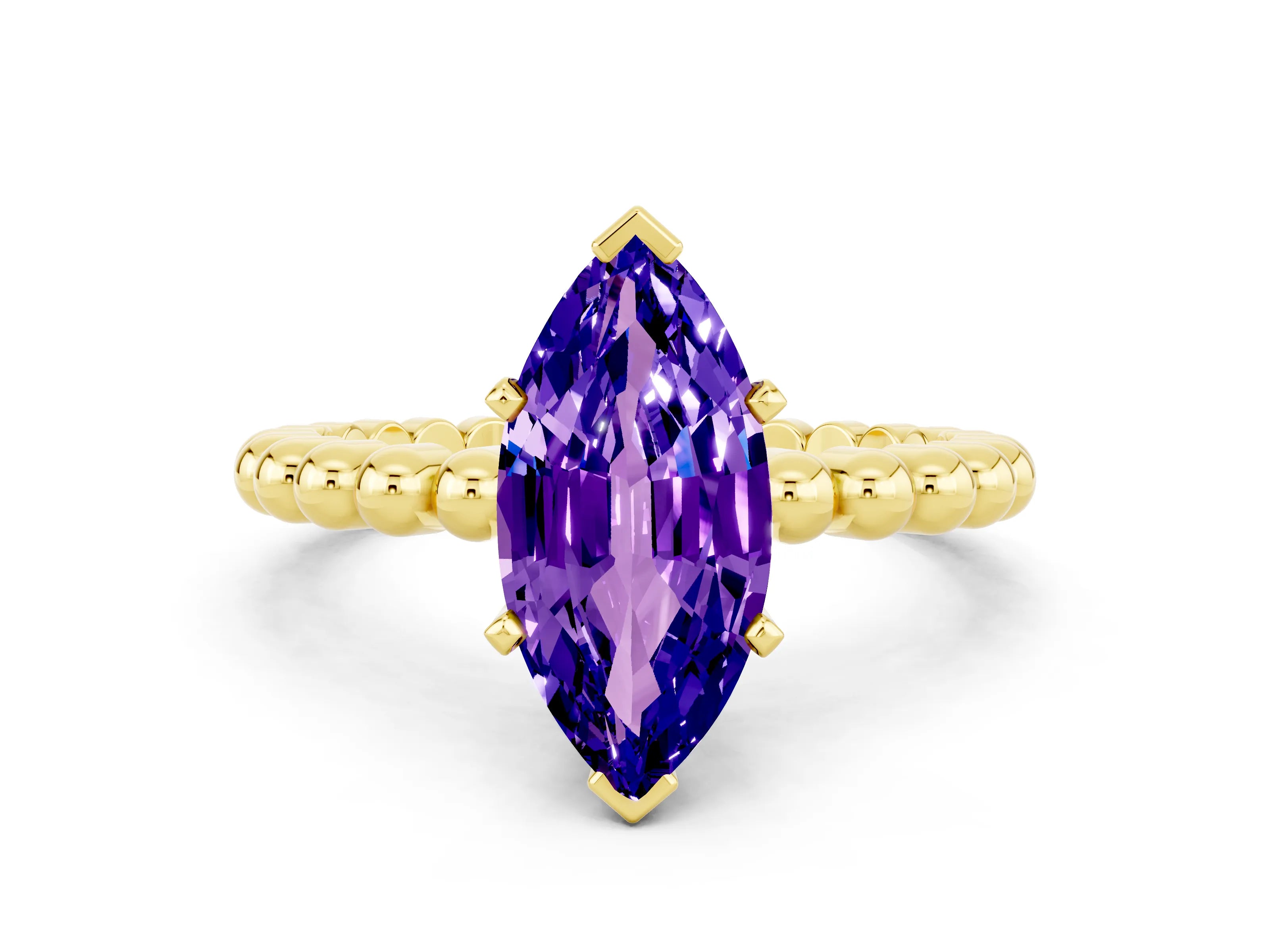 Yellow gold Marquise Cut Tanzanite Solitaire Ring with Beaded Band and Prong Setting