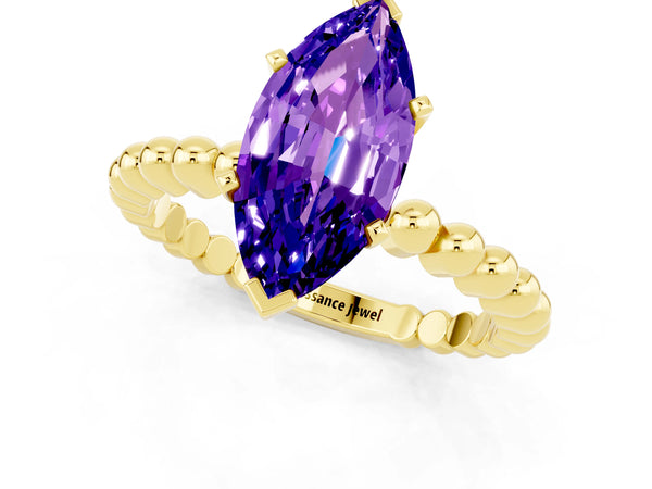 Yellow gold Marquise Cut Tanzanite Solitaire Ring with Beaded Band and Prong Setting