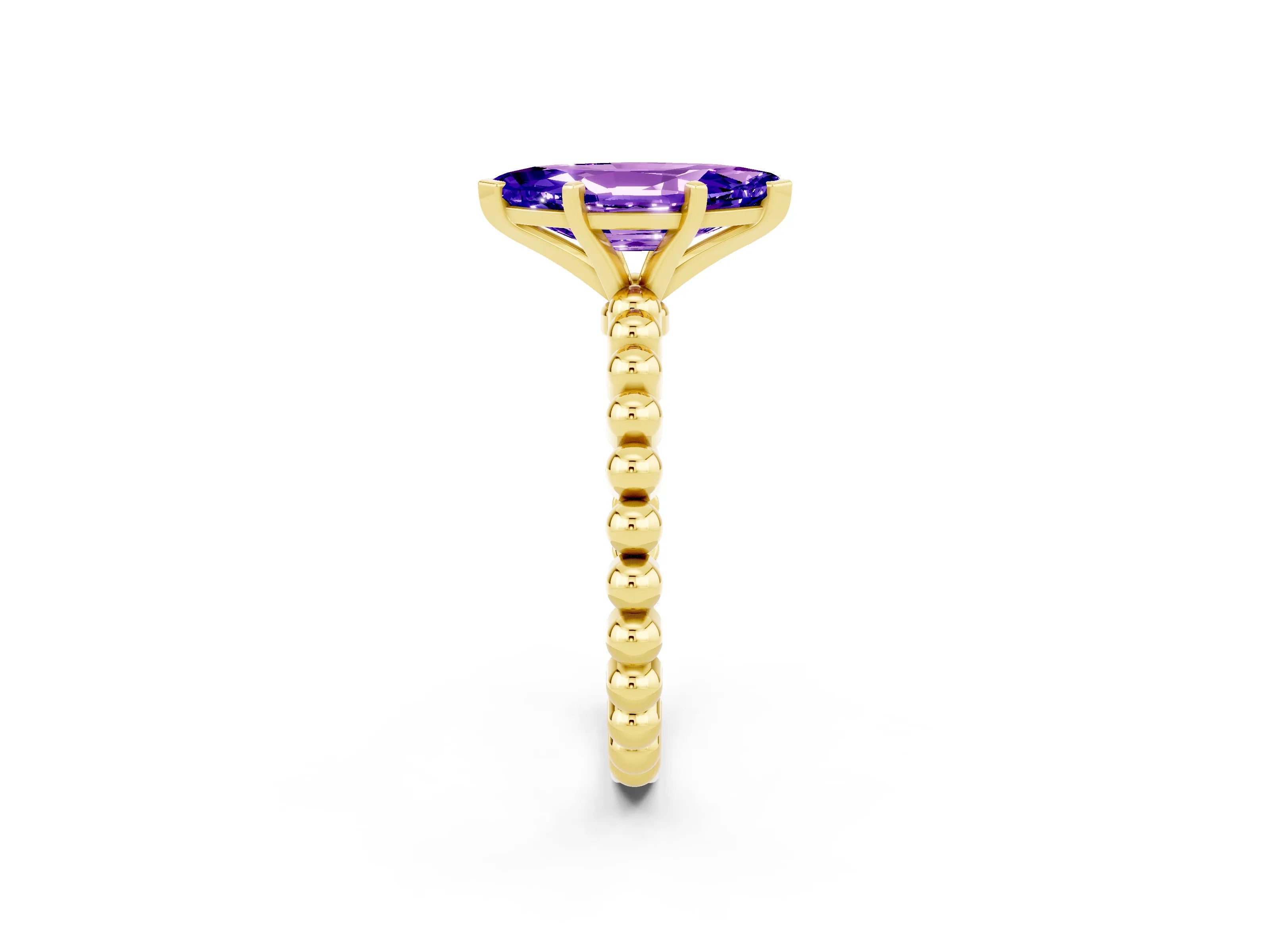 Yellow gold Marquise Cut Tanzanite Solitaire Ring with Beaded Band and Prong Setting_2