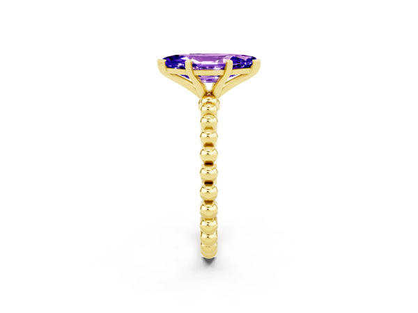 Yellow gold Marquise Cut Tanzanite Solitaire Ring with Beaded Band and Prong Setting