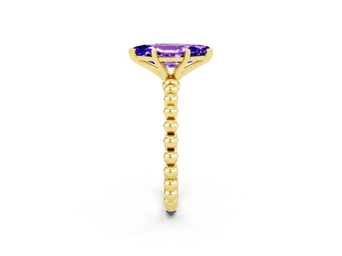 Yellow gold Marquise Cut Tanzanite Solitaire Ring with Beaded Band and Prong Setting_2